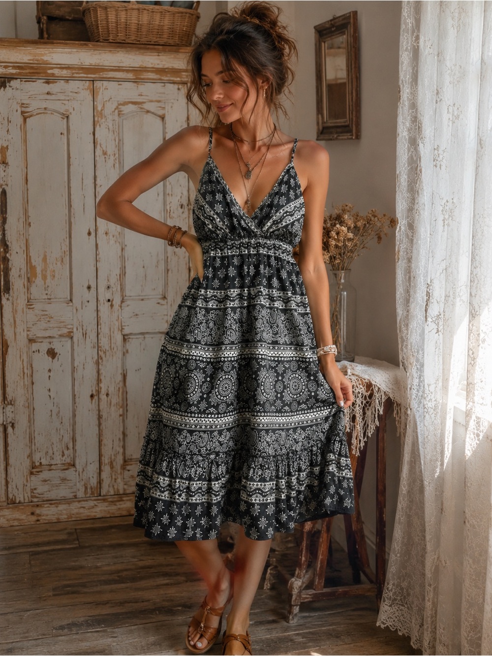 Bohemian Black Printed V-Neck Midi Dress
